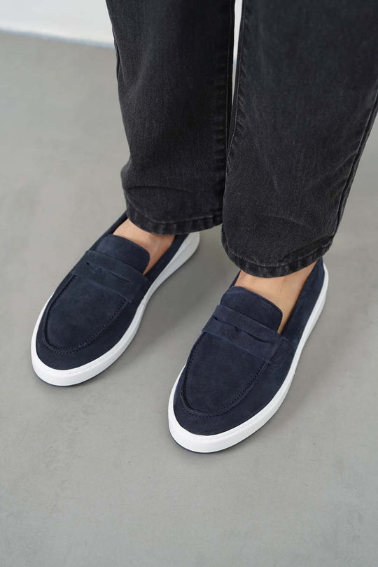 NAVY SUEDE PENNY LOAFERS