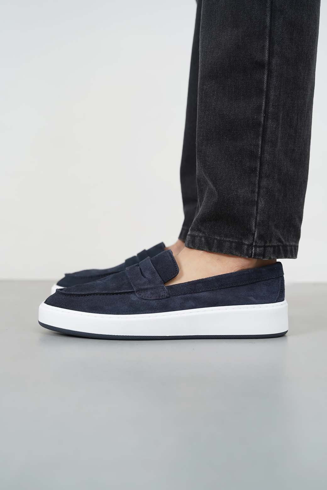 NAVY SUEDE PENNY LOAFERS