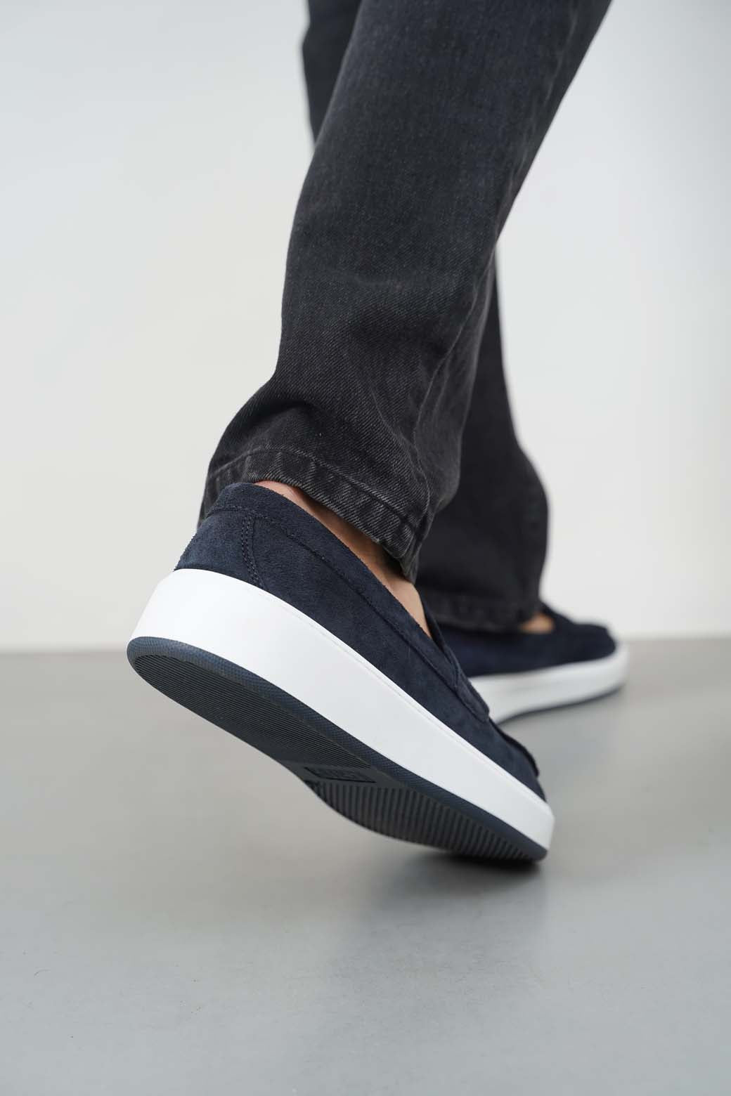 NAVY SUEDE PENNY LOAFERS