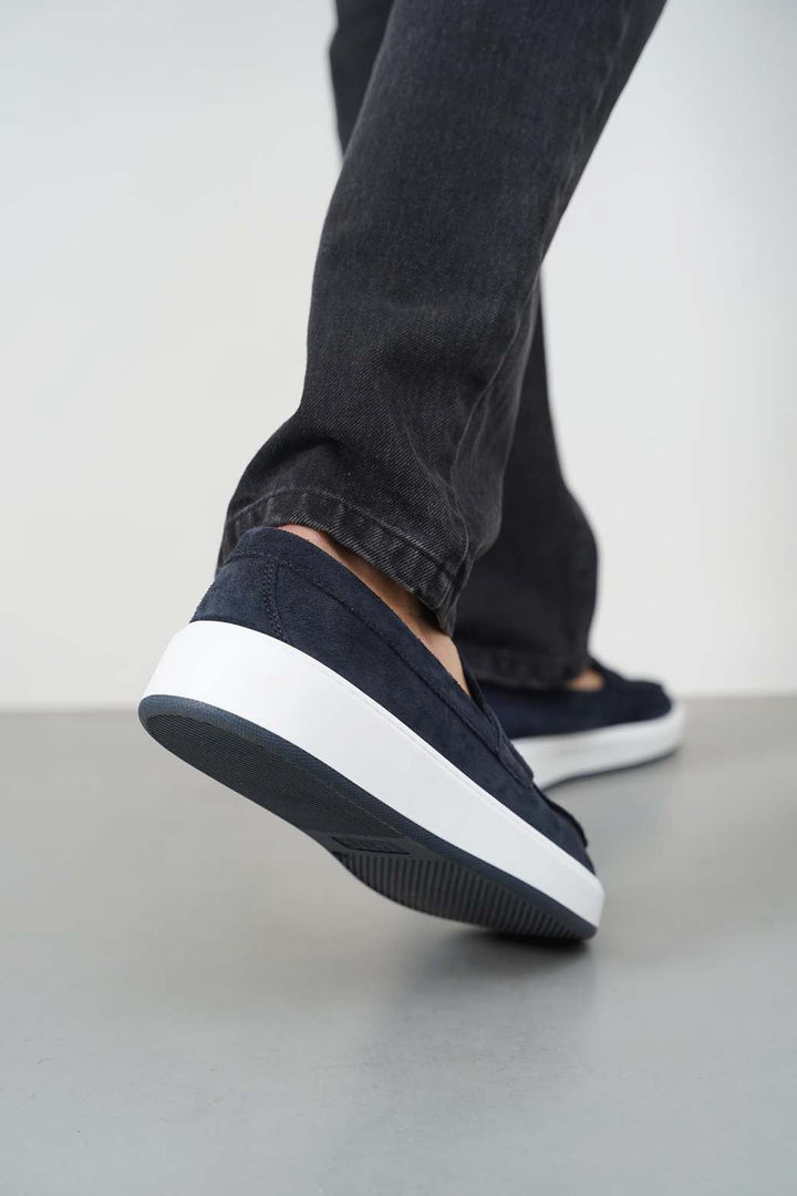 NAVY SUEDE PENNY LOAFERS