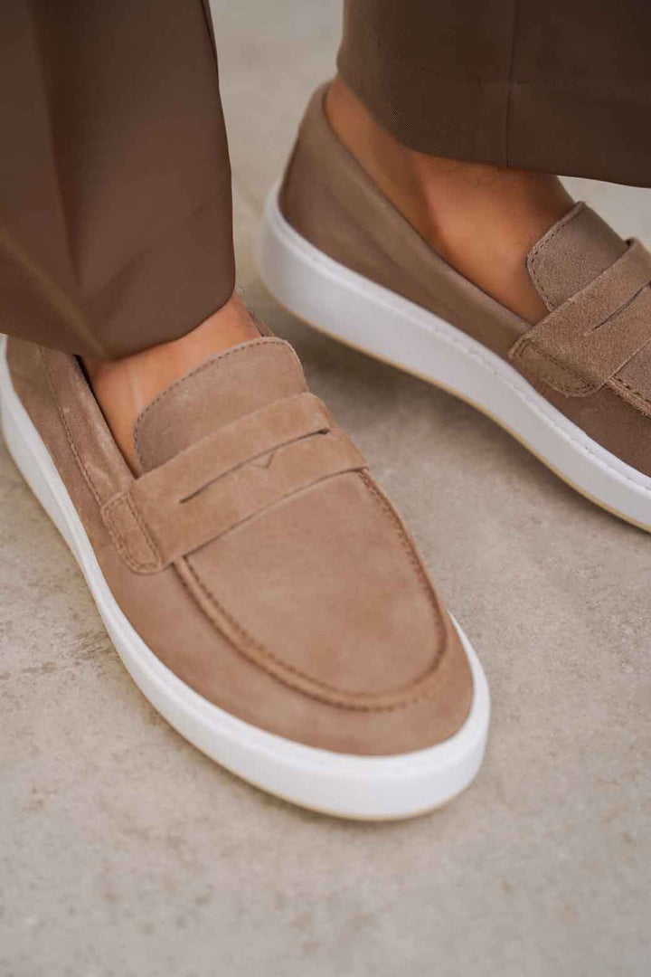 TAUPE SUEDE PENNY LOAFERS
