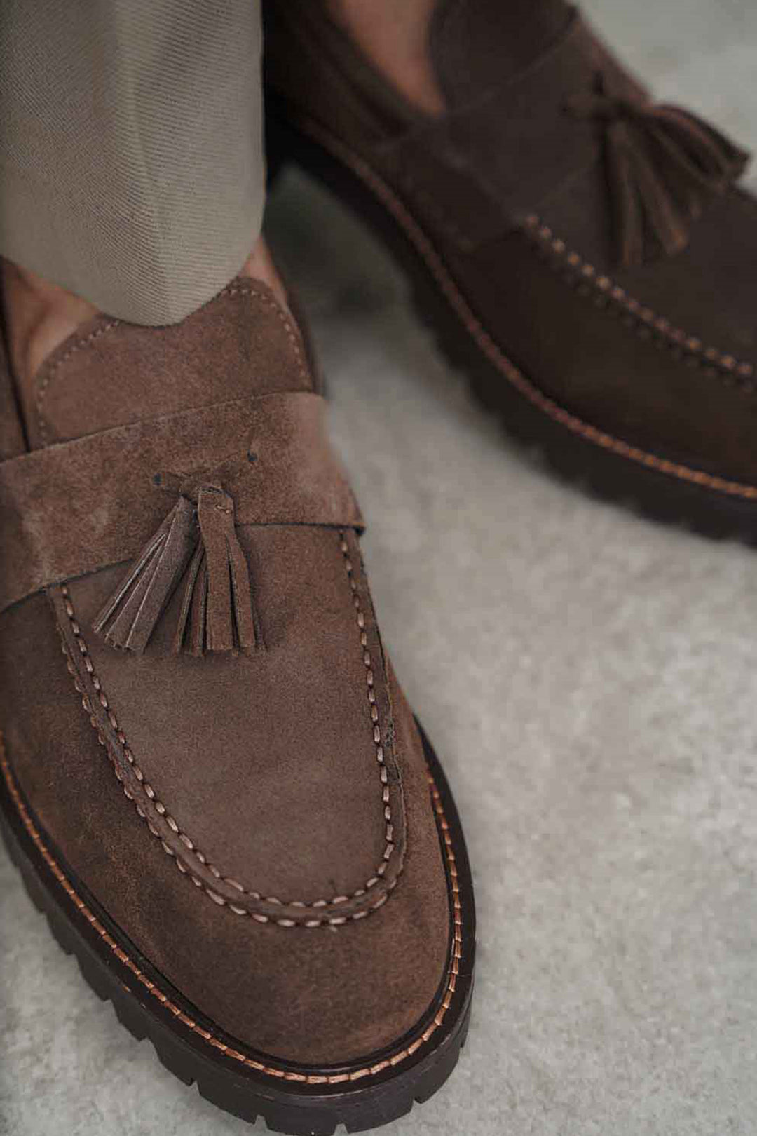 COFFEE SUEDE TASSEL LOAFERS
