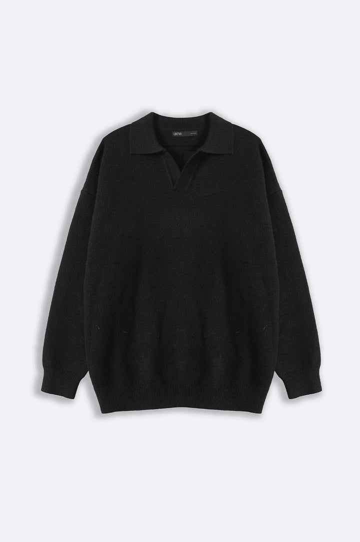 BLACK RELAXED POLO SWEATER
