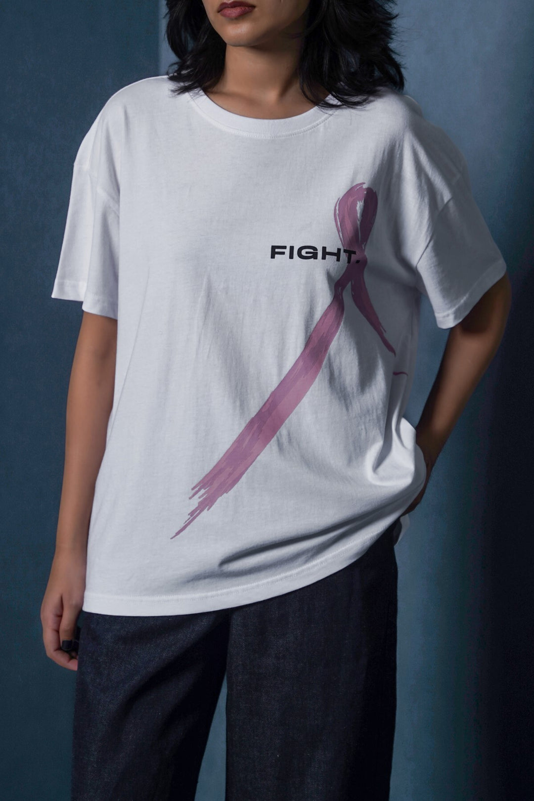WHITE PINK RIBBON TEE