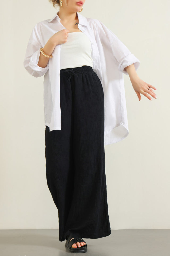 BLACK MUSLIN WIDE PANTS