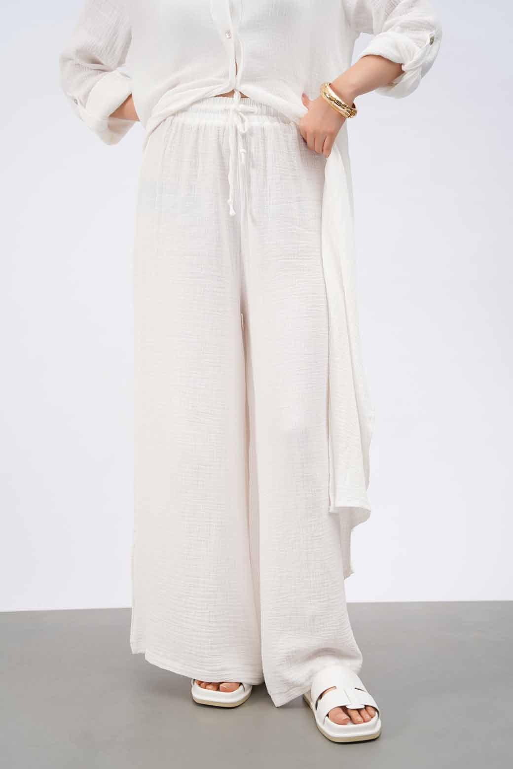 WHITE MUSLIN WIDE PANTS