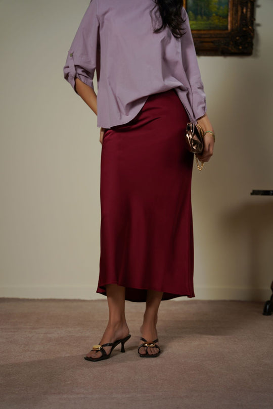 RED SATIN LONG SKIRT