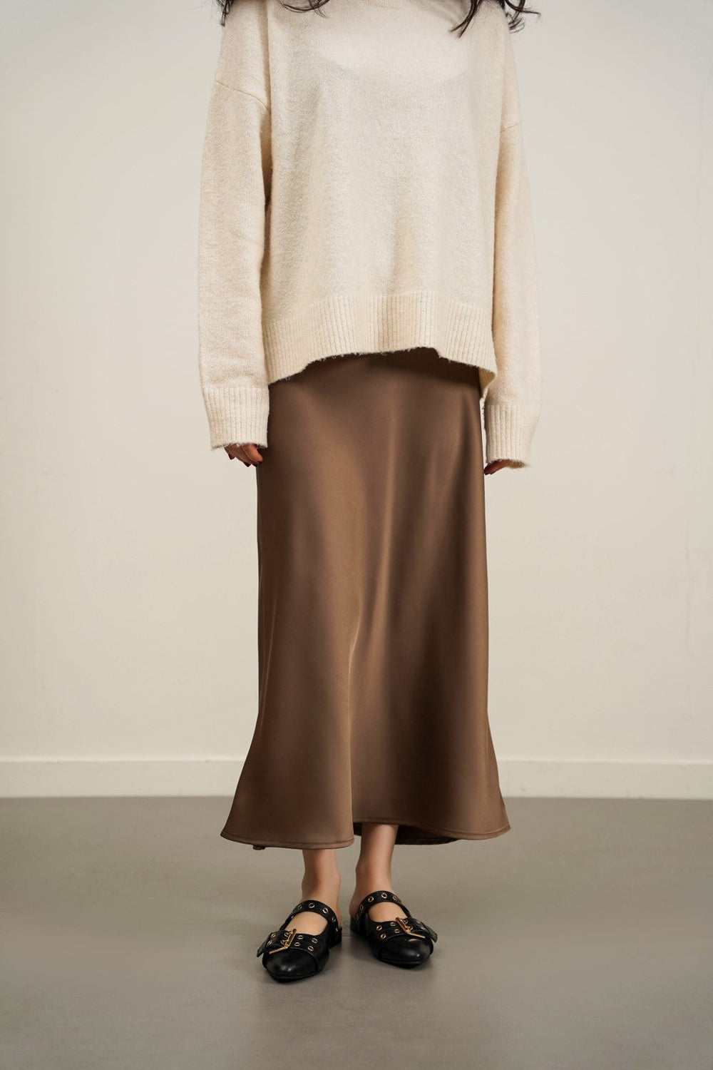 TAUPE SATIN LONG SKIRT