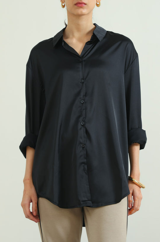 BLACK BASIC SILK SHIRT