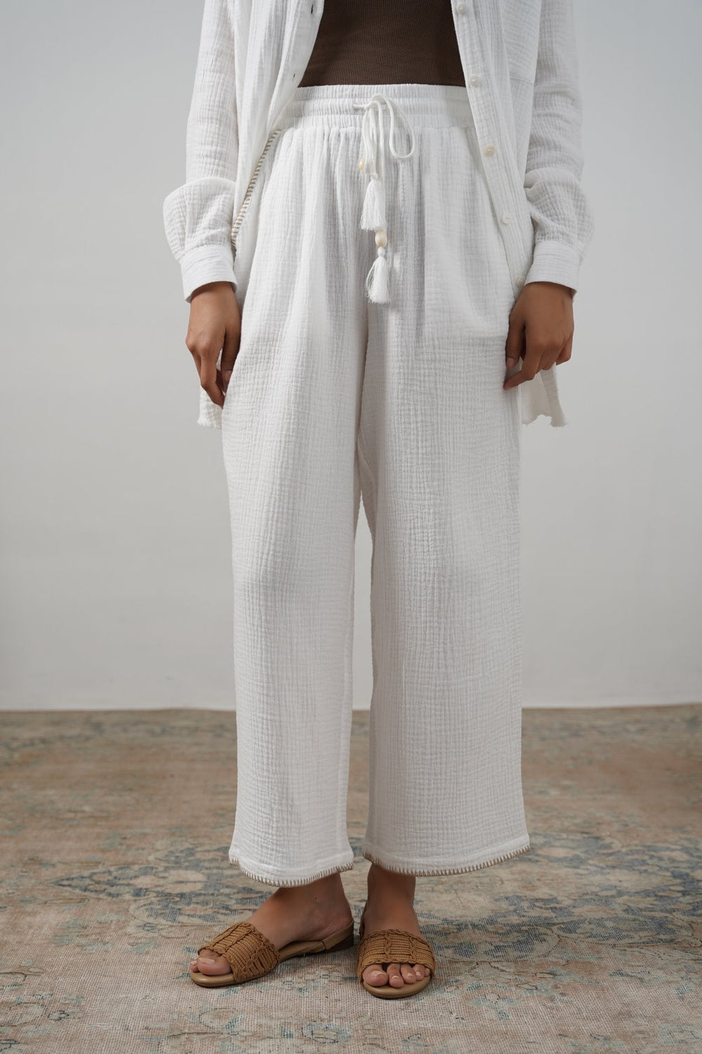BEIGE RESORT EMBROIDERED WIDE PANTS