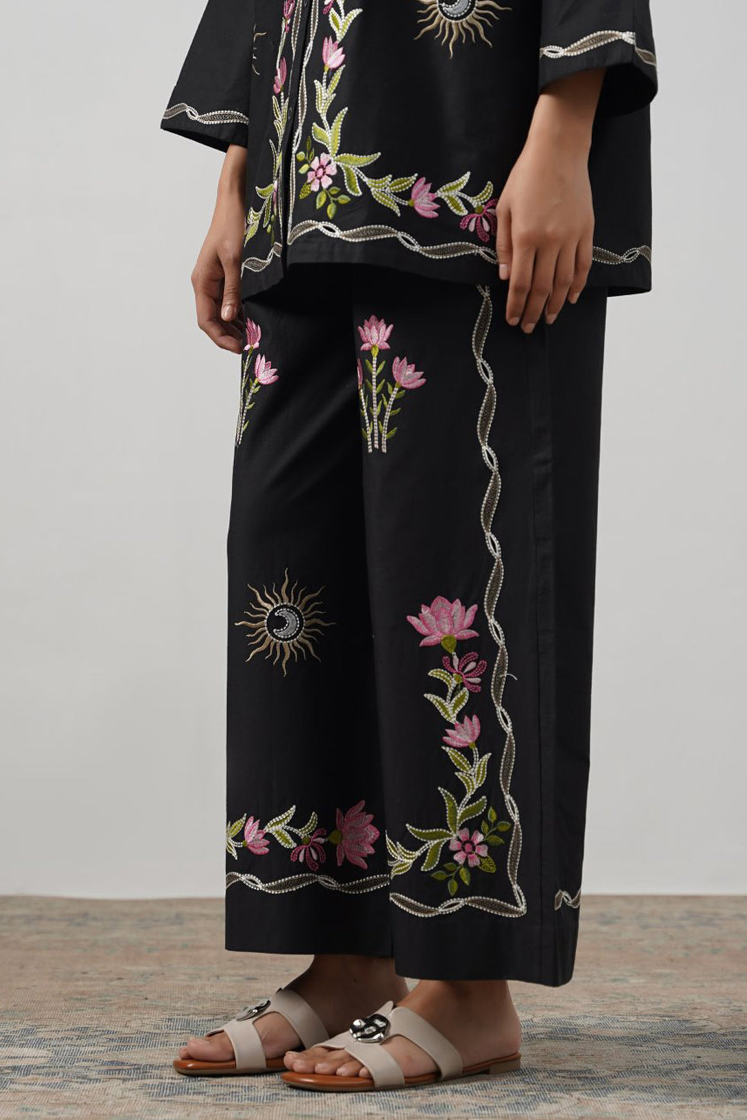 BLACK COSMOS EMBROIDERED PANTS