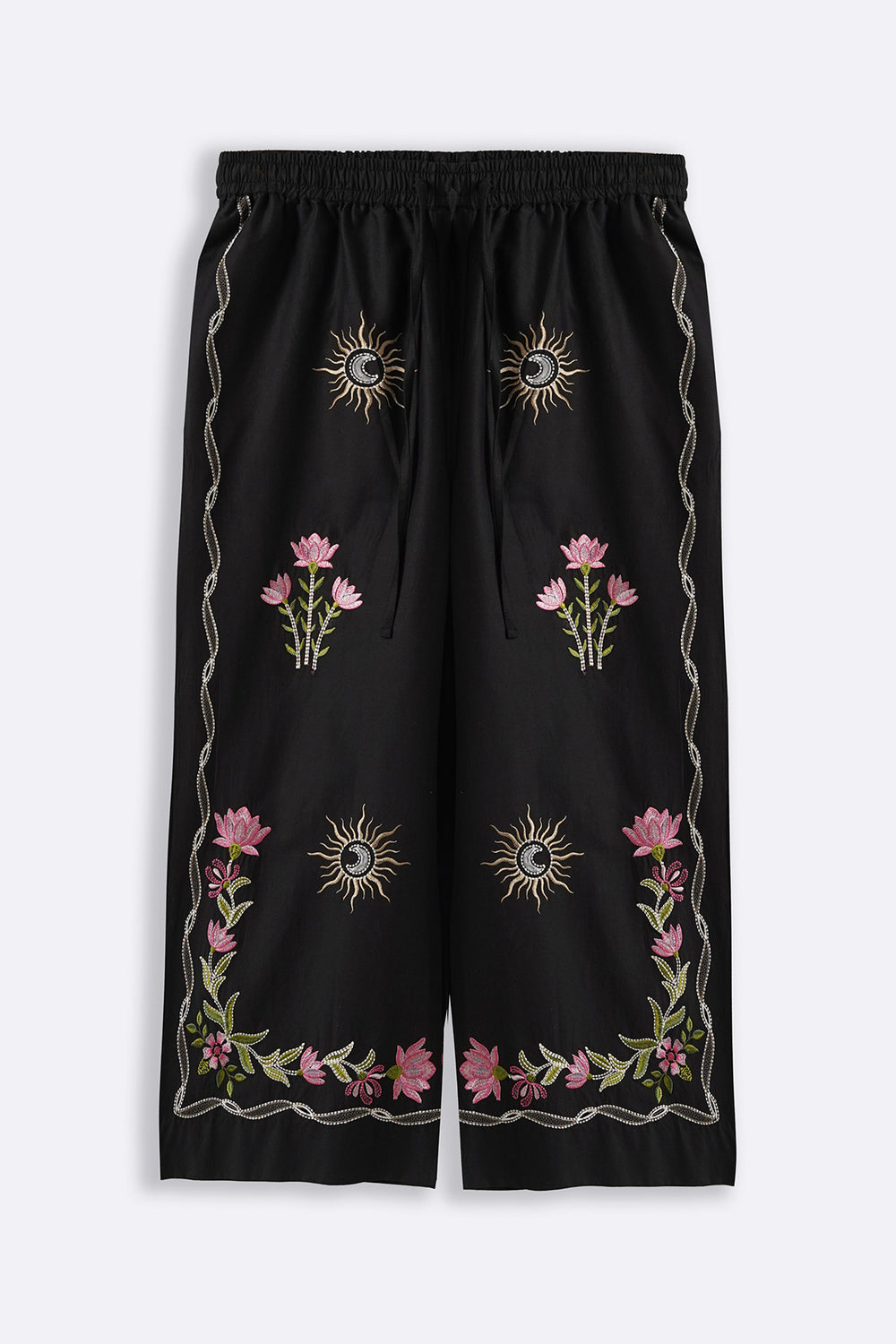 BLACK COSMOS EMBROIDERED PANTS