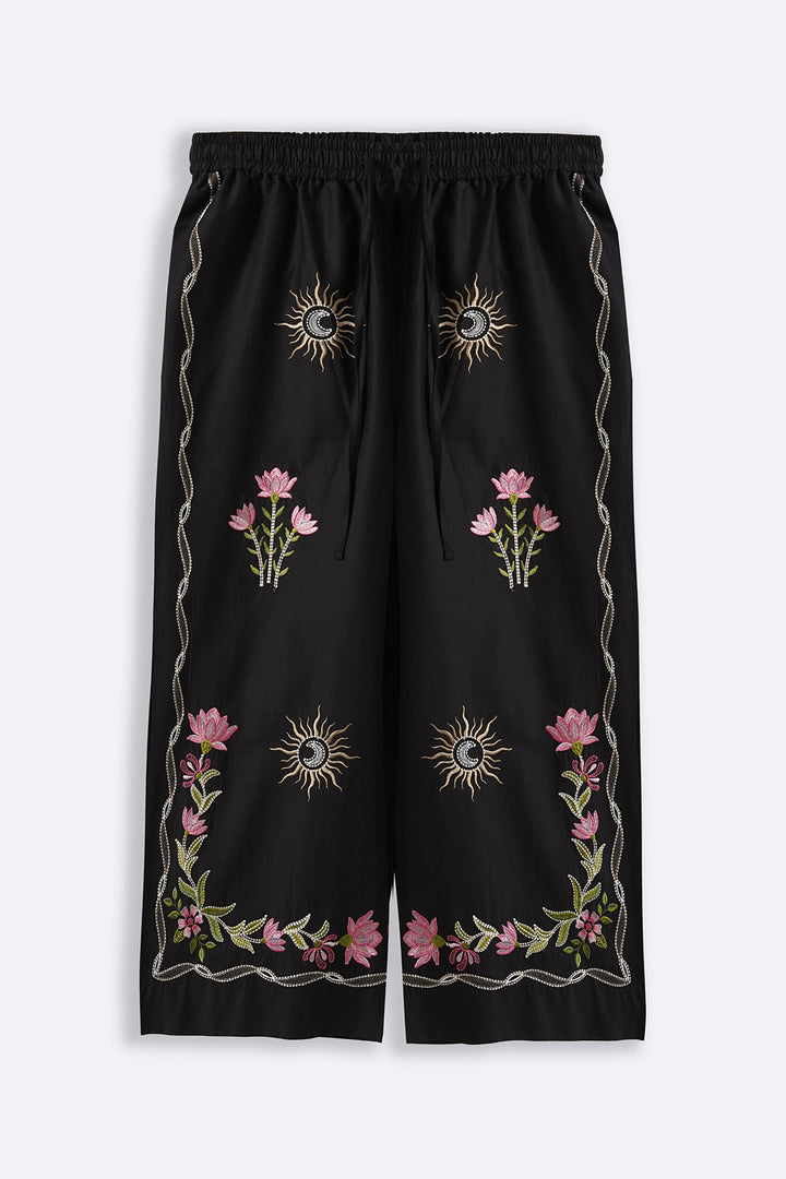 BLACK COSMOS EMBROIDERED PANTS