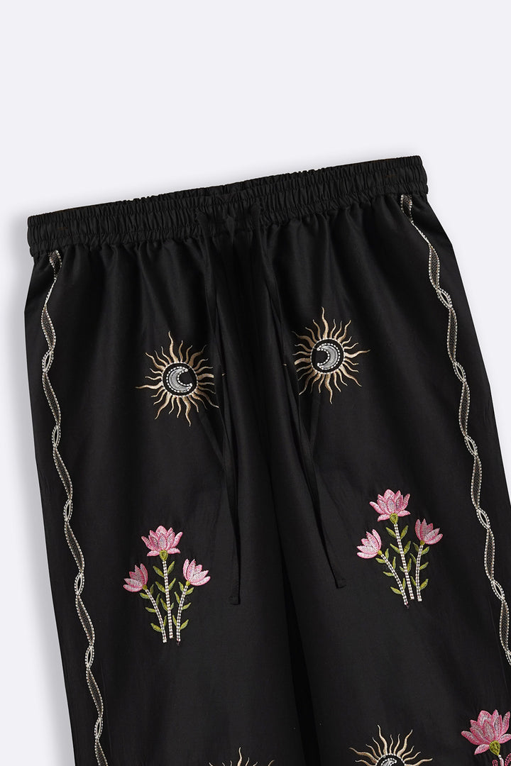BLACK COSMOS EMBROIDERED PANTS