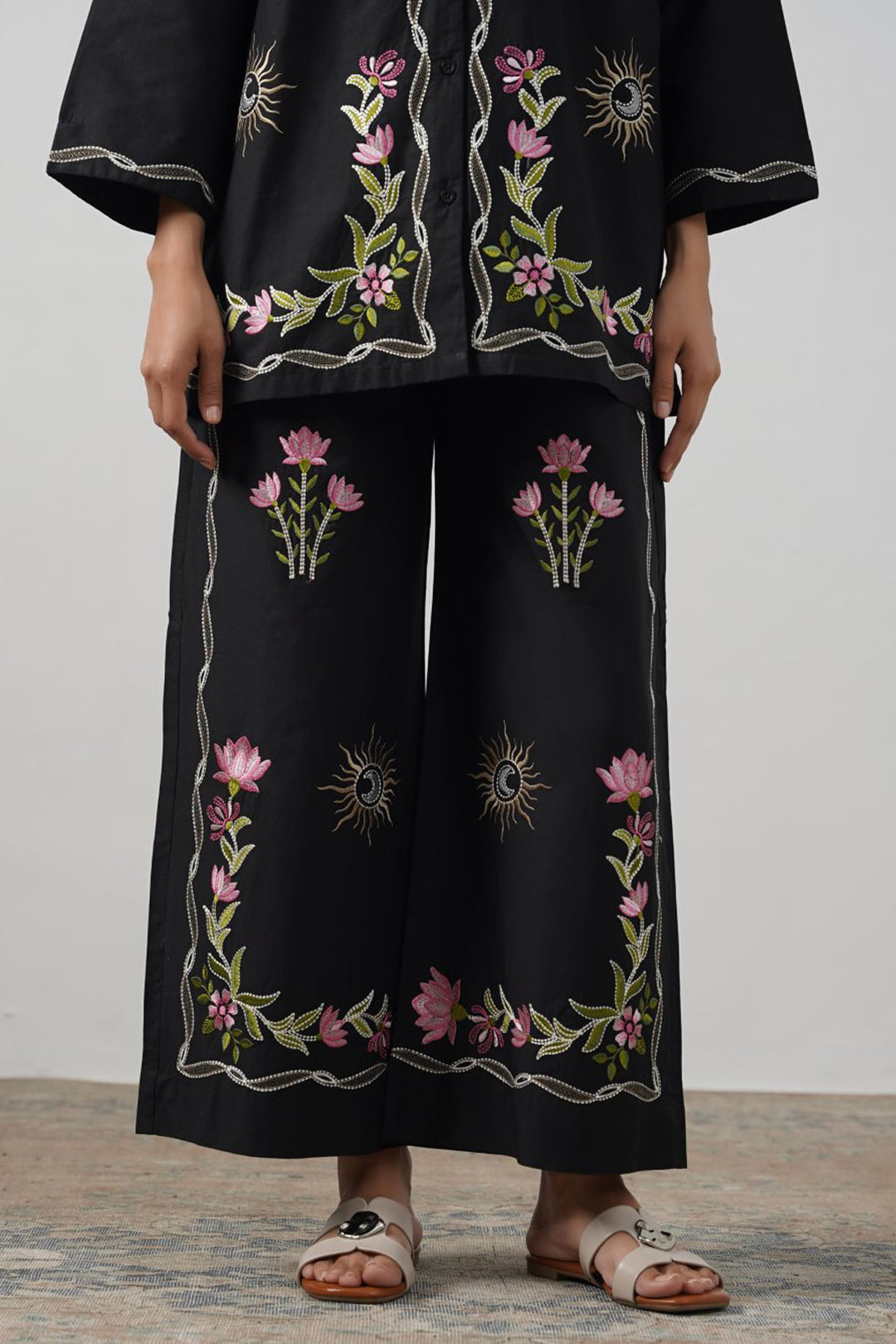 BLACK COSMOS EMBROIDERED PANTS
