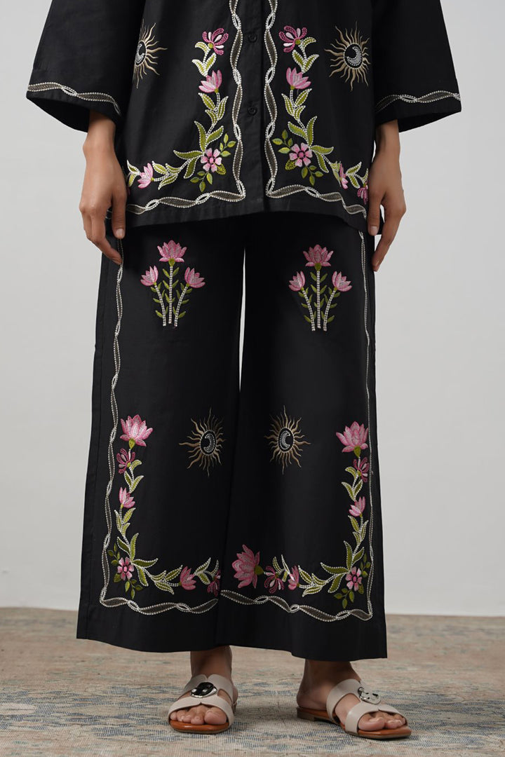 BLACK COSMOS EMBROIDERED PANTS