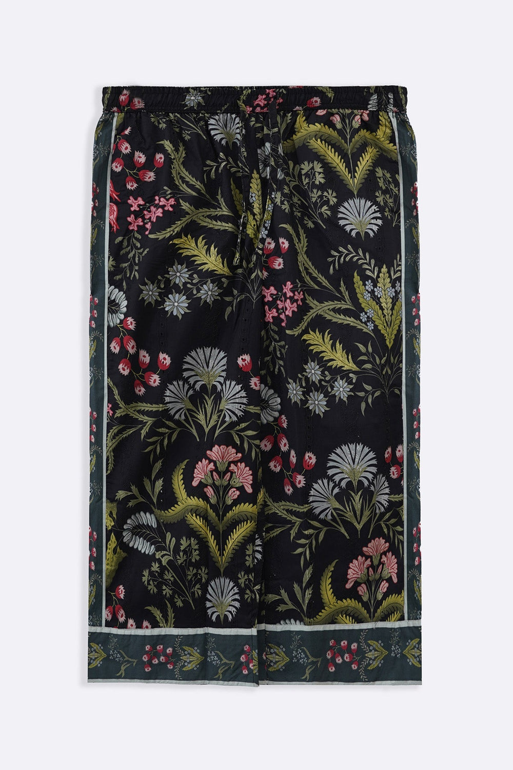 BLACK BOTANICAL EMBROIDERED PANTS