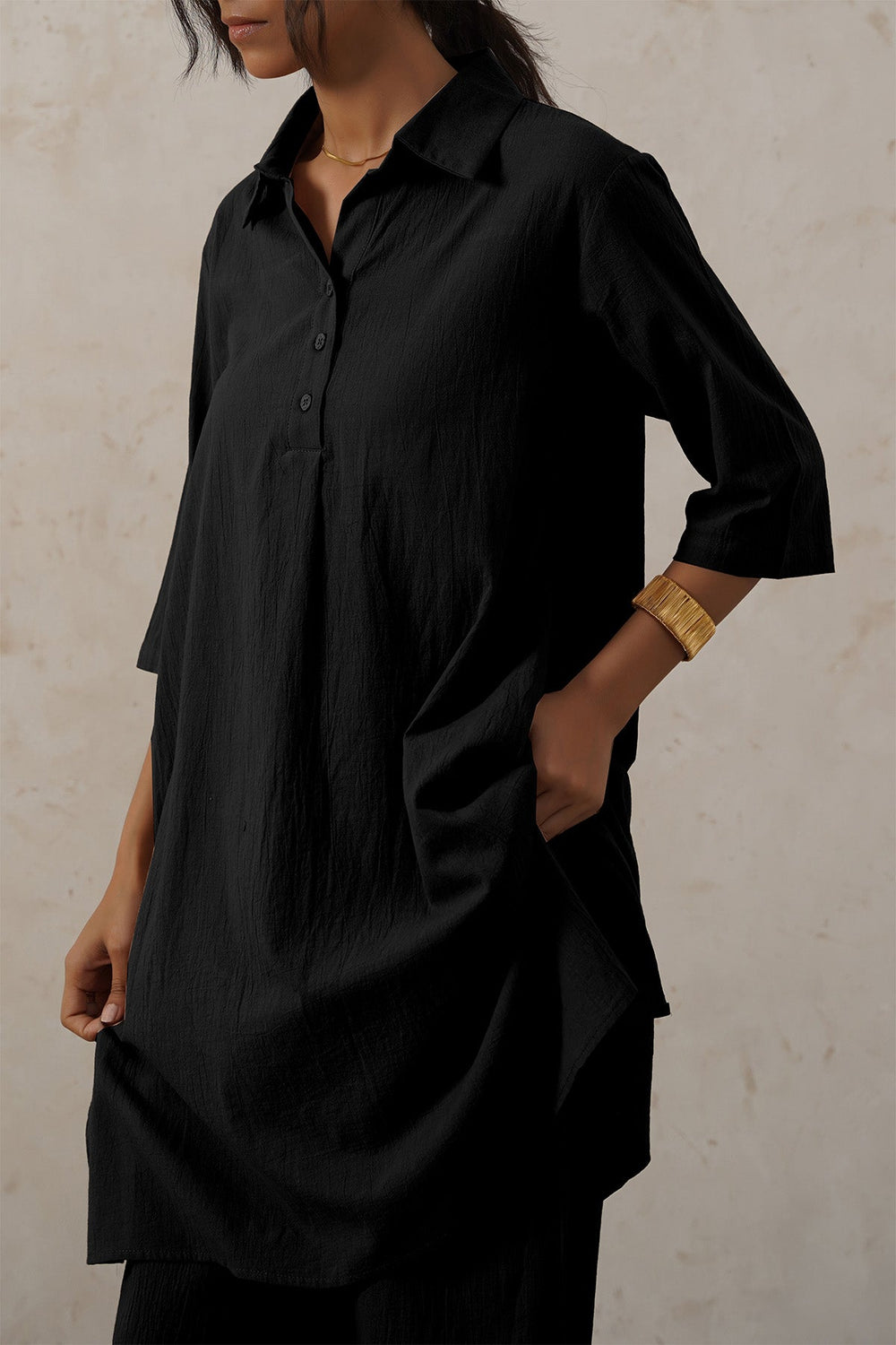 BLACK FEATHER COTTON KURTA-TUNIC