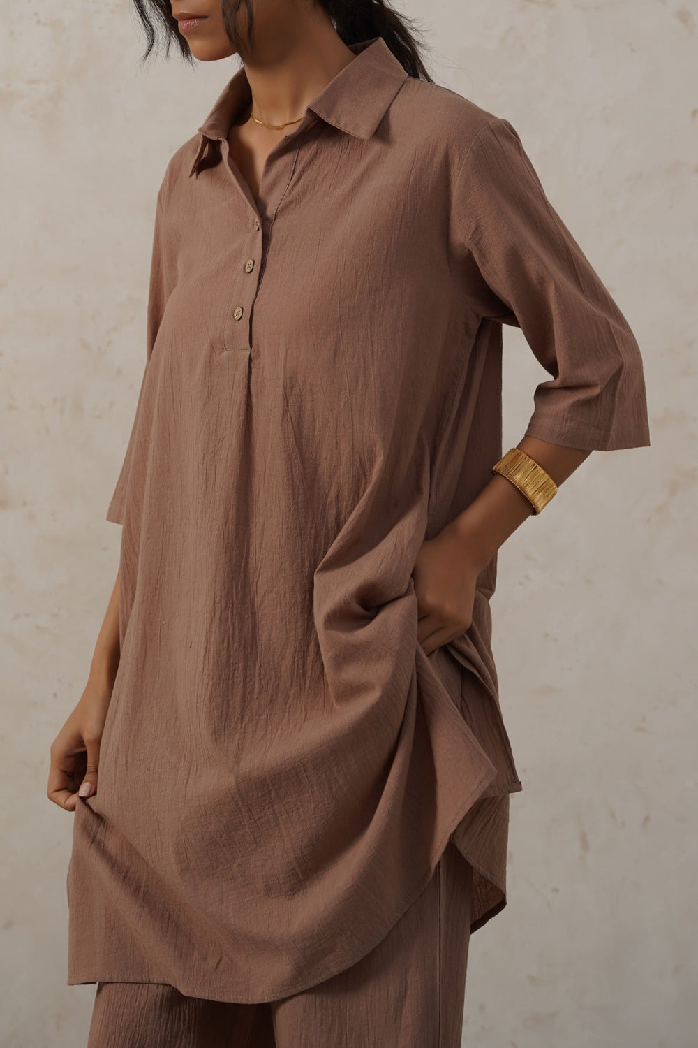 BROWN FEATHER COTTON KURTA-TUNIC