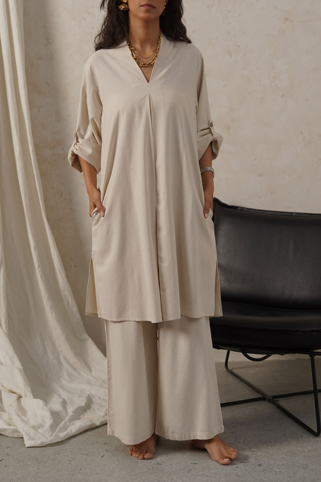 OFF WHITE LINEN MIDI TUNIC