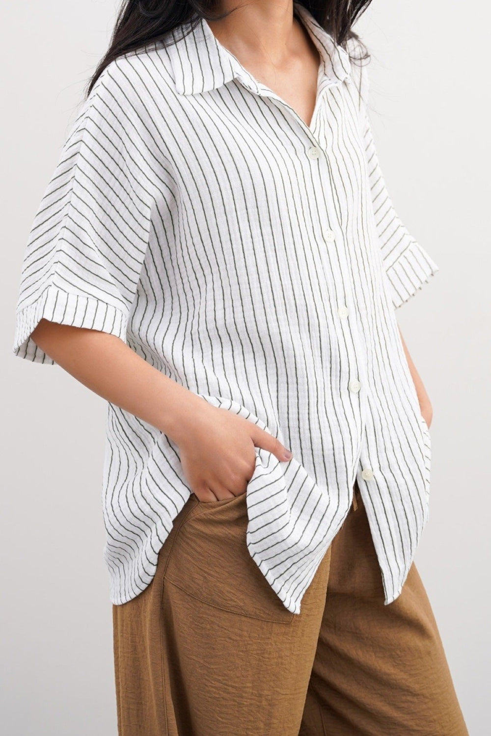 GREEN STRIPED MUSLIN SHIRT
