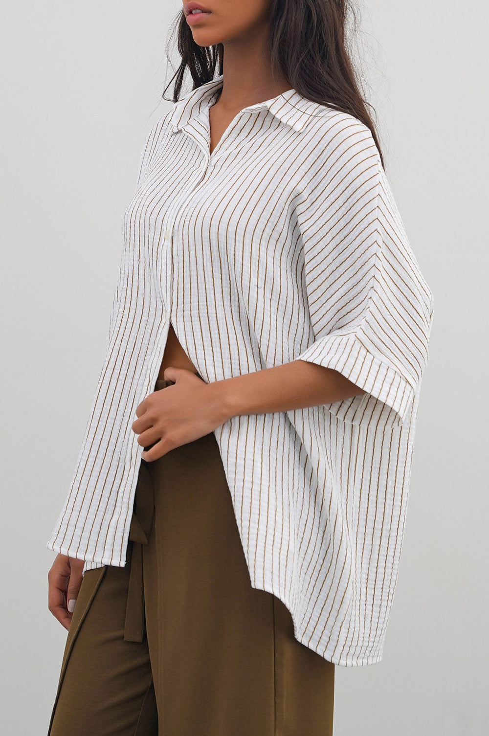 TAUPE STRIPED MUSLIN SHIRT