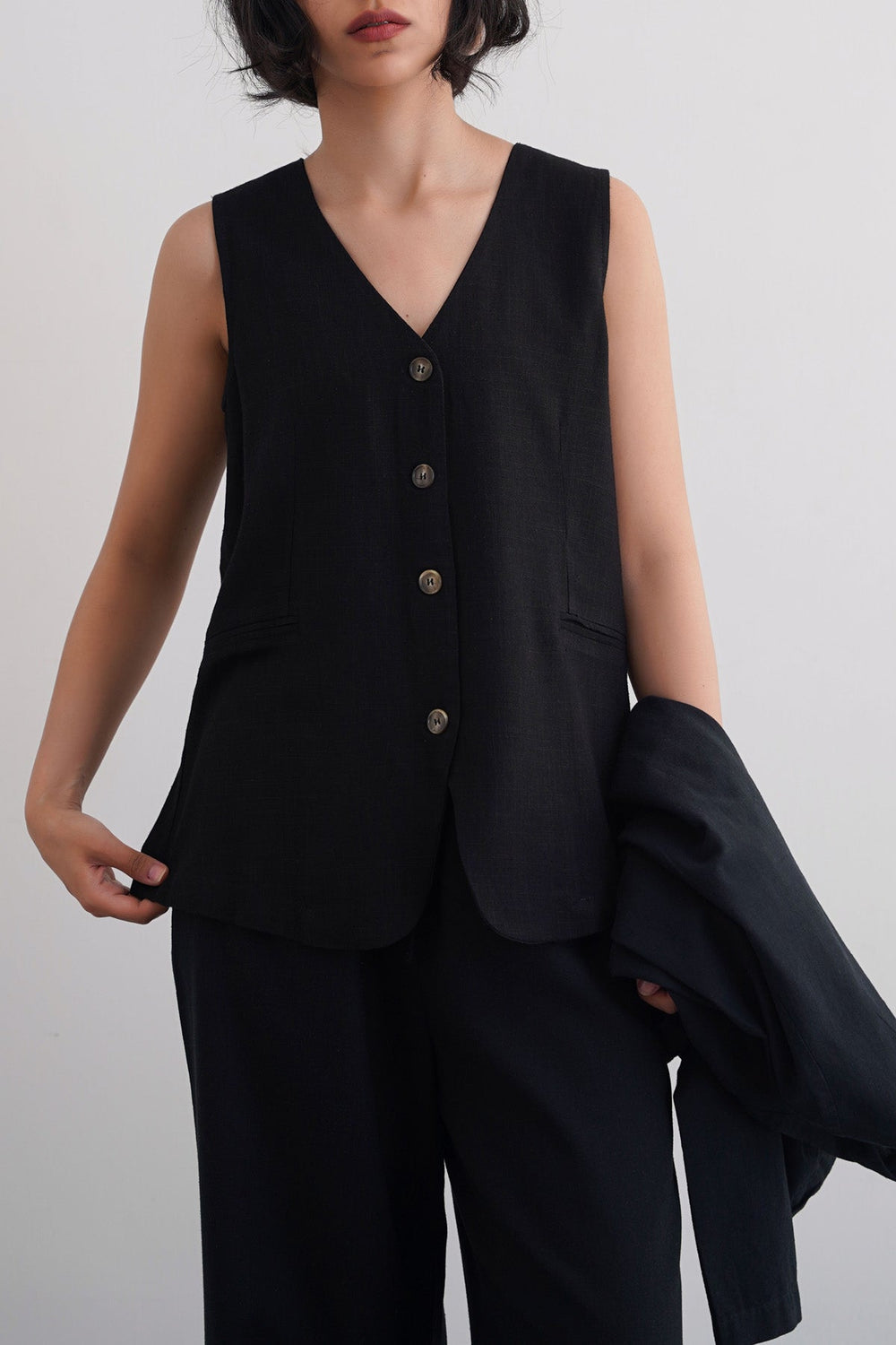 BLACK CASUAL LINEN VEST
