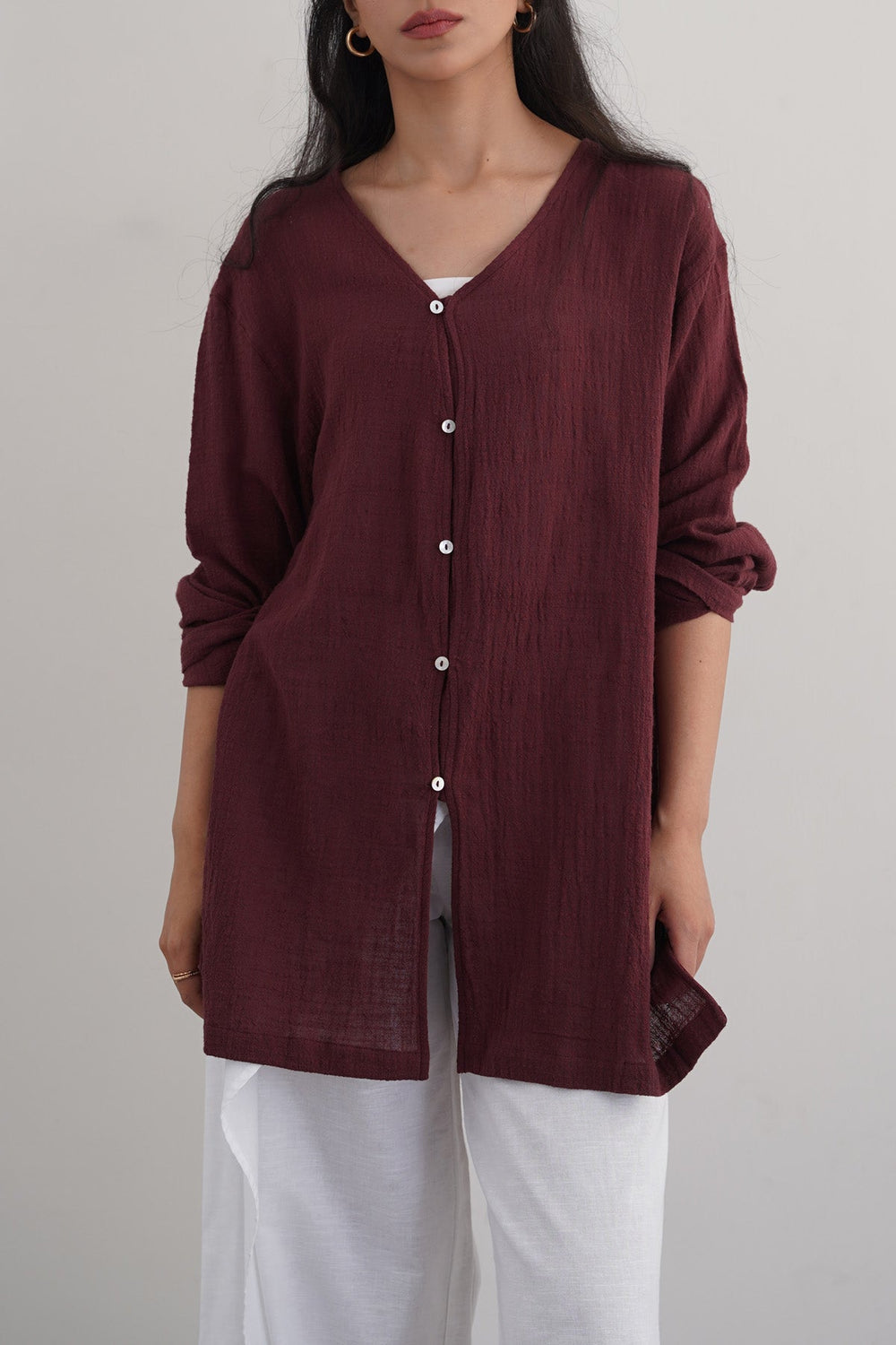 WINE PURE COTTON GAUZE BLOUSE