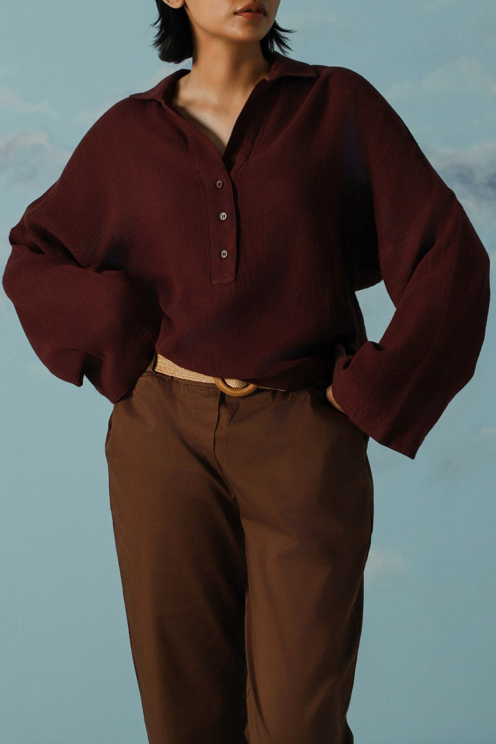 BROWN LINEN HALF PLACKET SHIRT