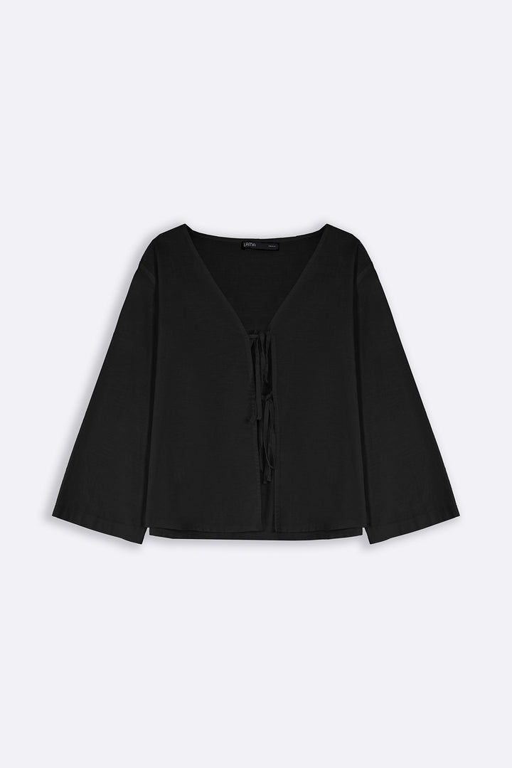 BLACK LINEN BOW BLOUSE