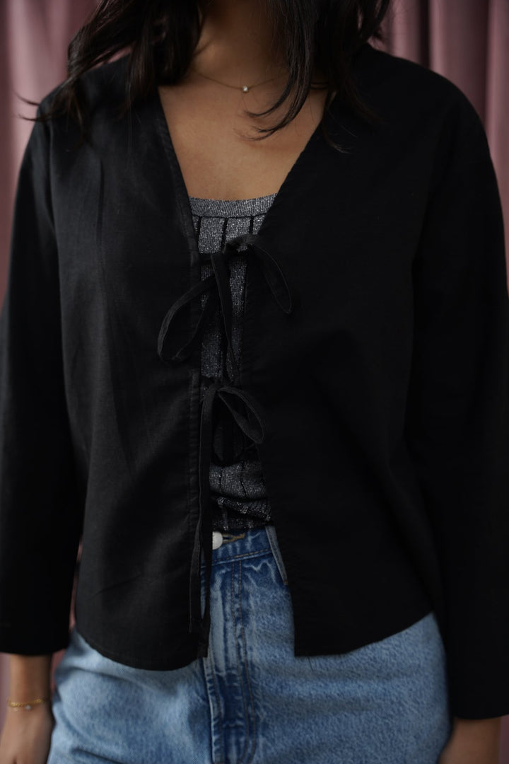 BLACK LINEN BOW BLOUSE