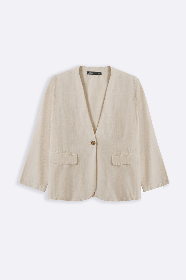 BEIGE COLLARLESS LINEN BLAZER