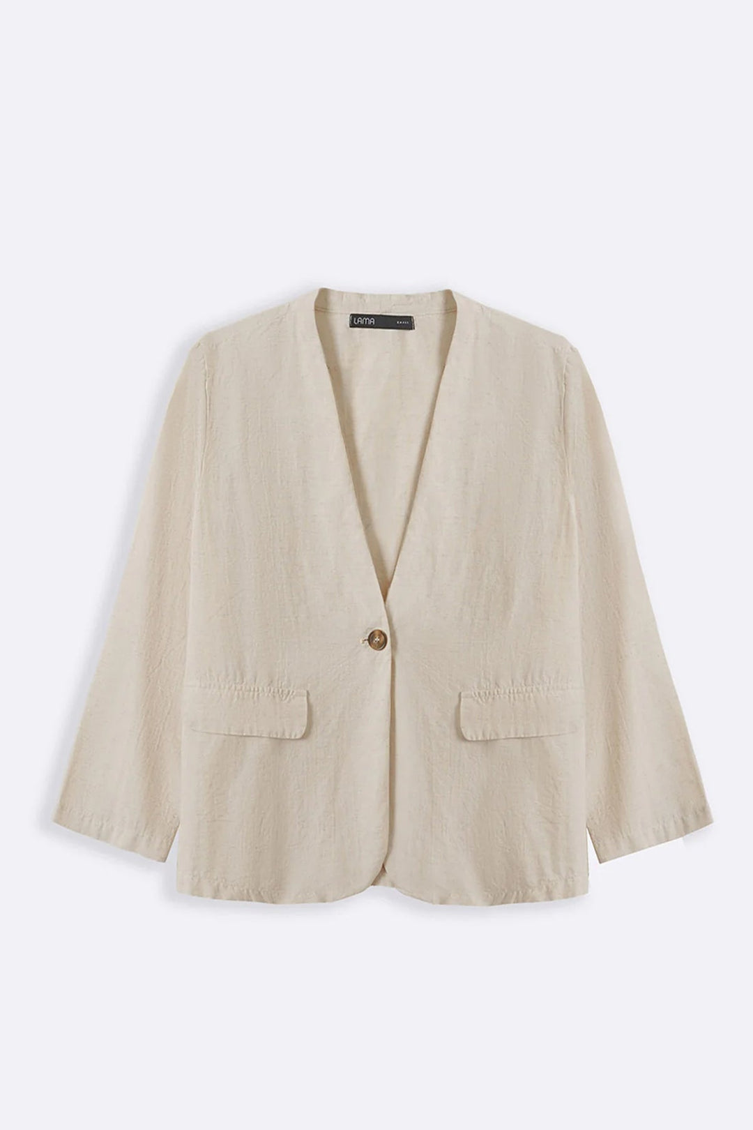 BEIGE COLLARLESS LINEN BLAZER