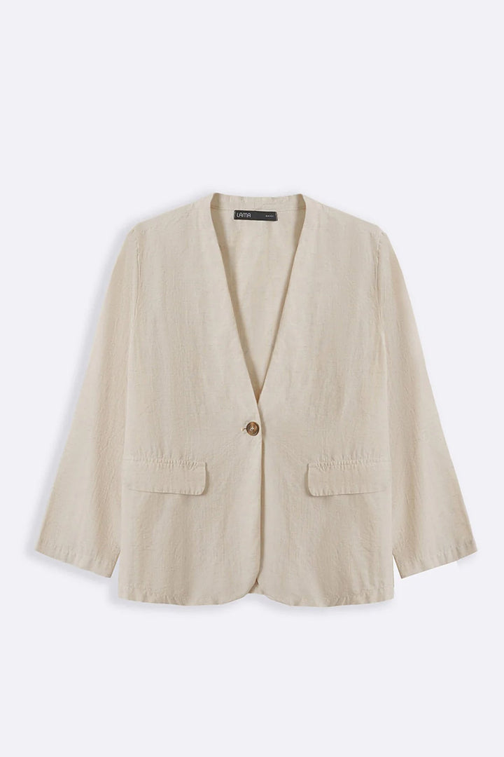 BEIGE COLLARLESS LINEN BLAZER