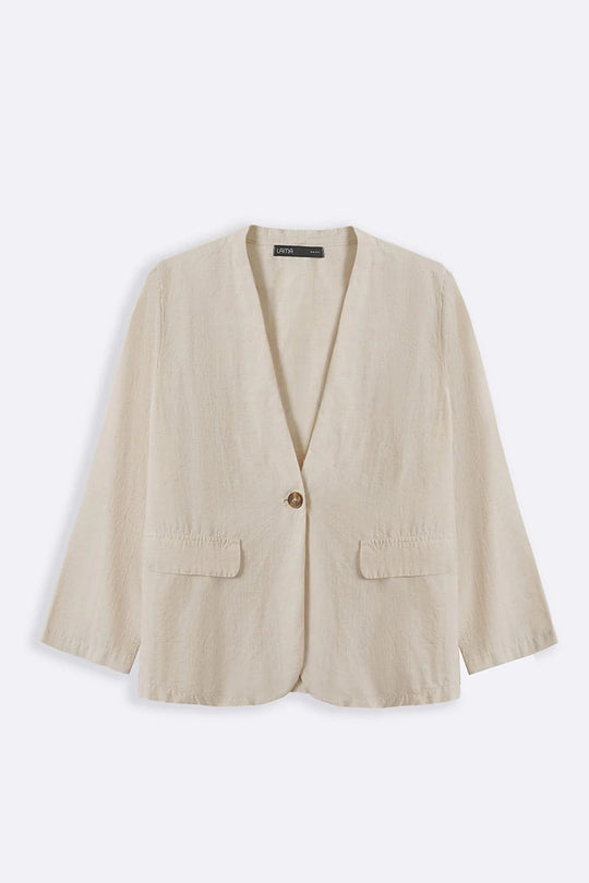 BEIGE COLLARLESS LINEN BLAZER