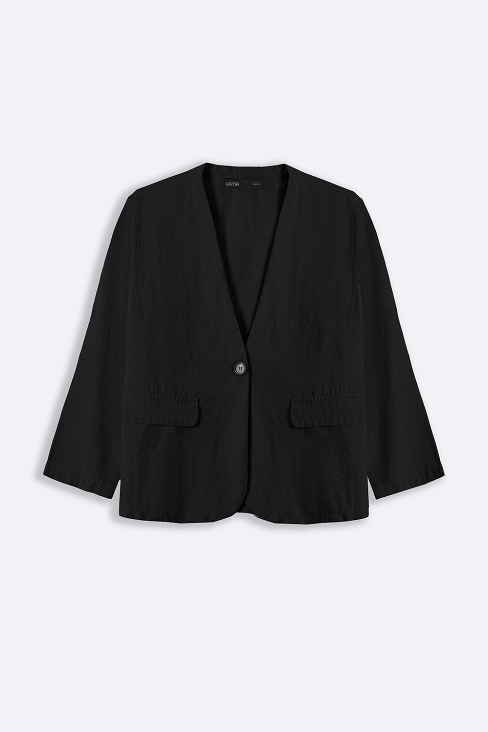 BLACK COLLARLESS LINEN BLAZER