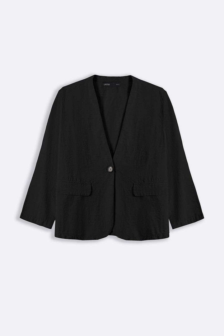 BLACK COLLARLESS LINEN BLAZER