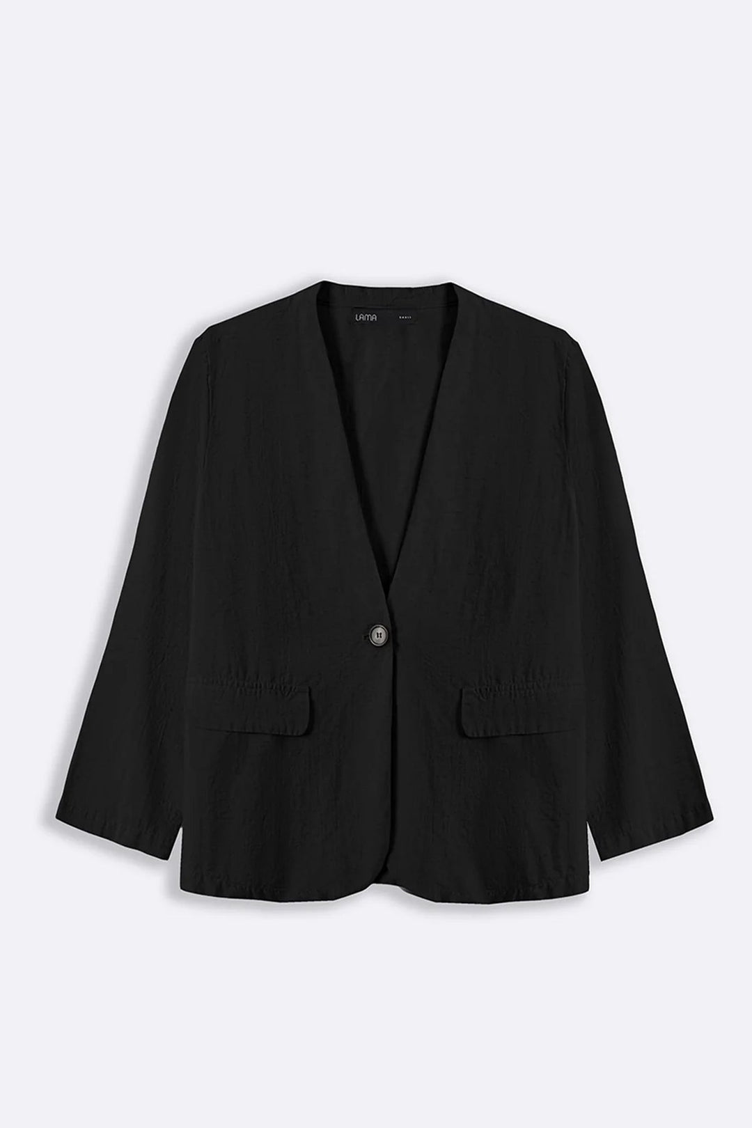 BLACK COLLARLESS LINEN BLAZER