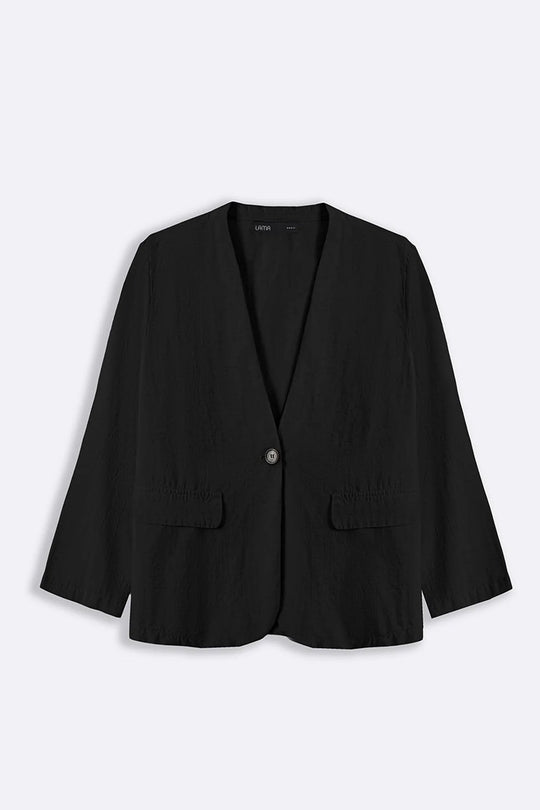 BLACK COLLARLESS LINEN BLAZER