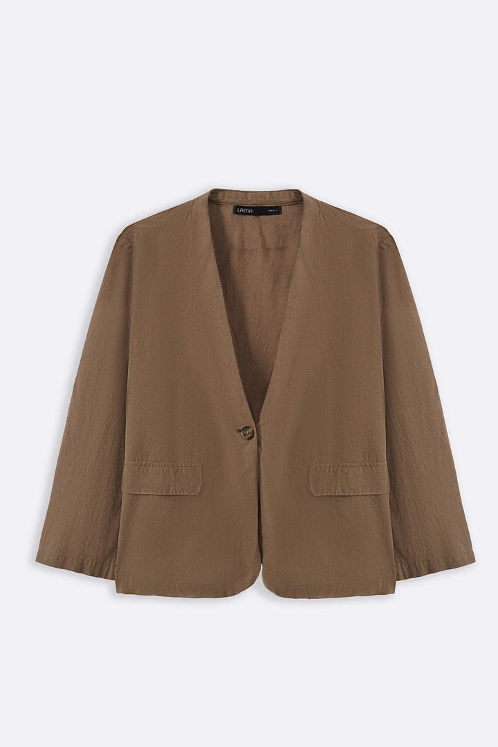 TAUPE COLLARLESS LINEN BLAZER