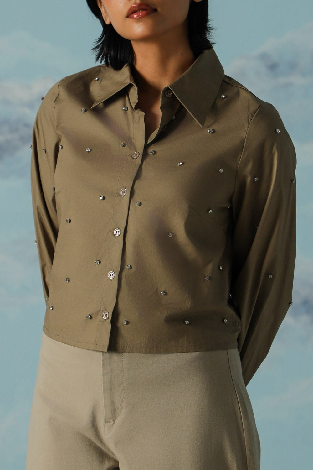 KHAKI BOXY DATE NIGHT SHIRT