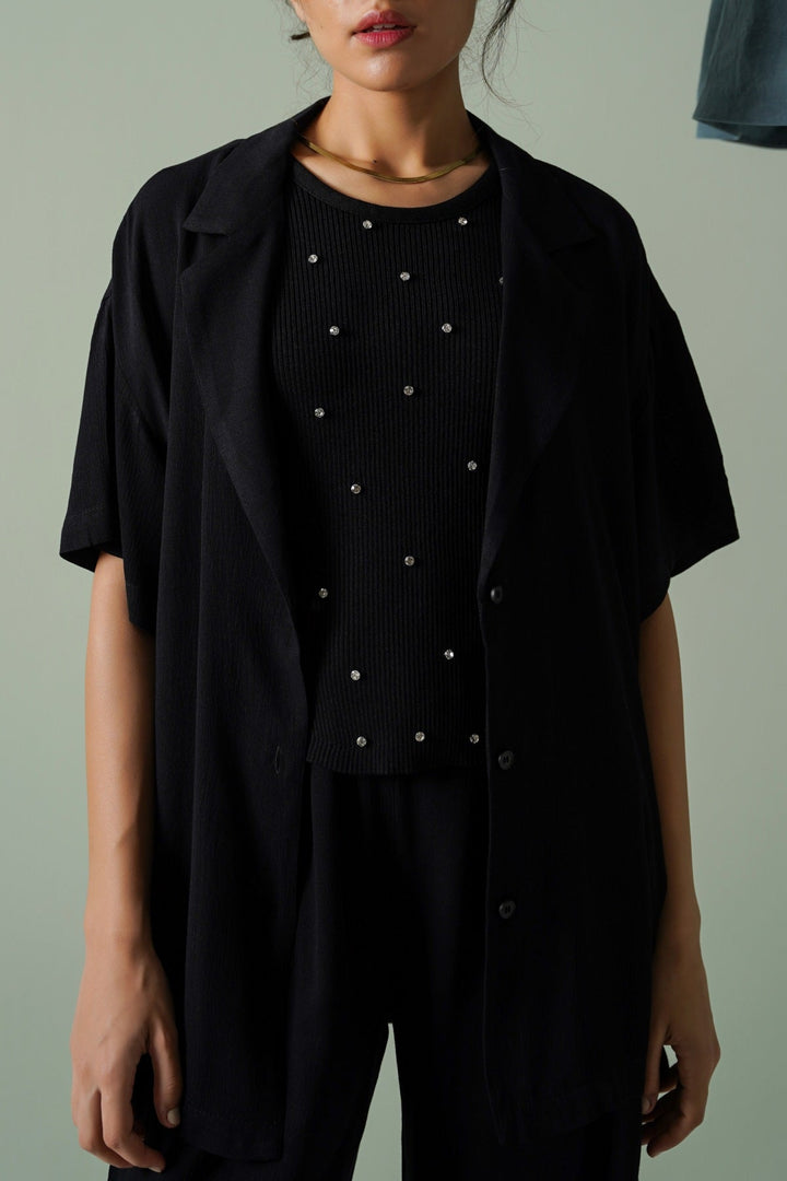 BLACK EMBELLISHED RIBBED TANK