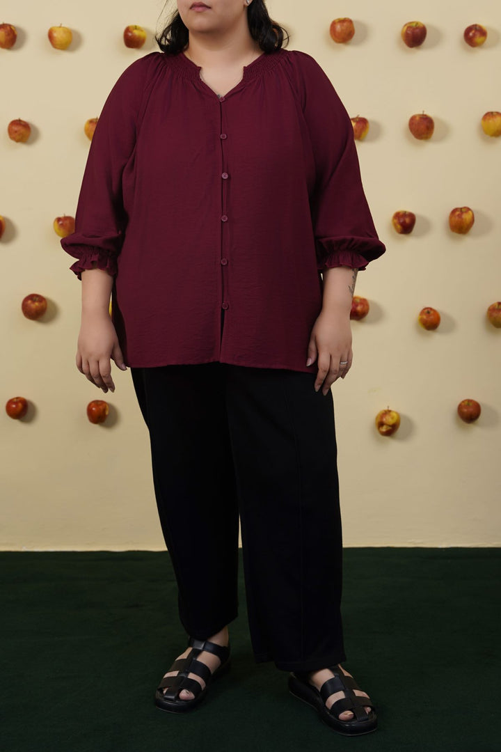 MAROON CURVE SMOCKED BLOUSE