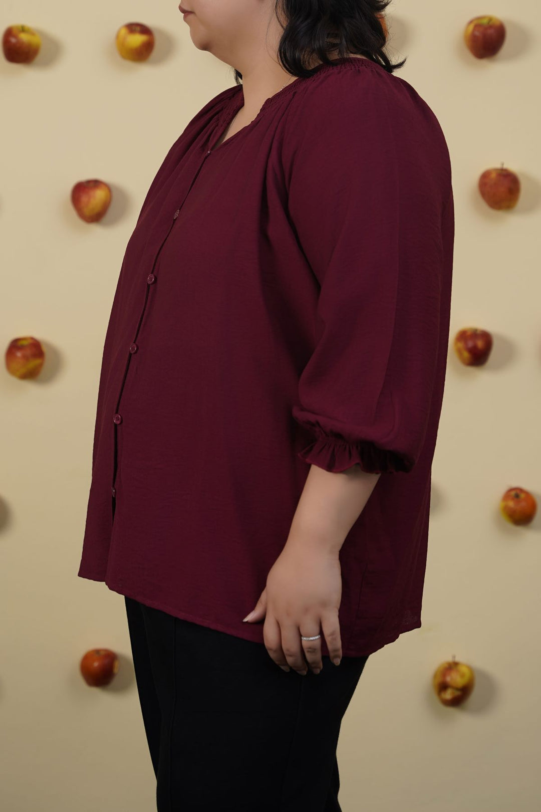 MAROON CURVE SMOCKED BLOUSE