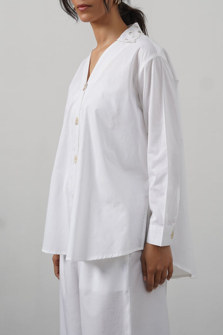 WHITE CREME CUTWORK COLLAR SHIRT