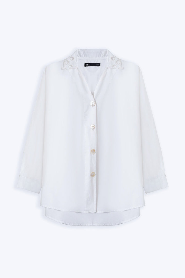 WHITE CREME CUTWORK COLLAR SHIRT