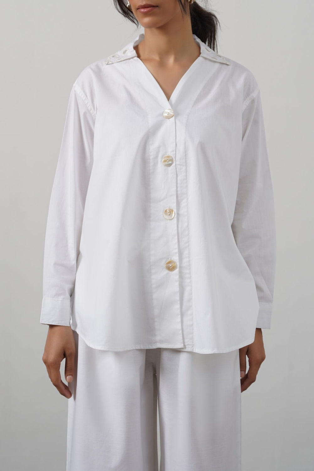 WHITE CREME CUTWORK COLLAR SHIRT