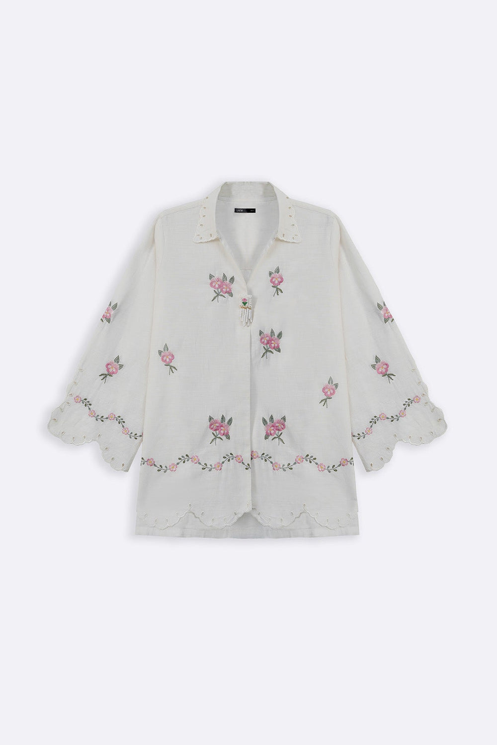 WHITE PEONY SHIRT WITH HANDMADE BROOCH