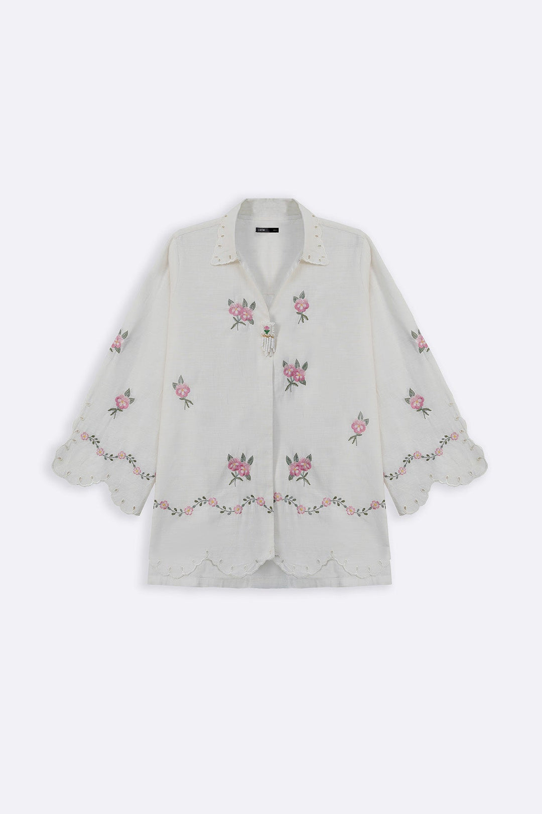 WHITE PEONY SHIRT WITH HANDMADE BROOCH