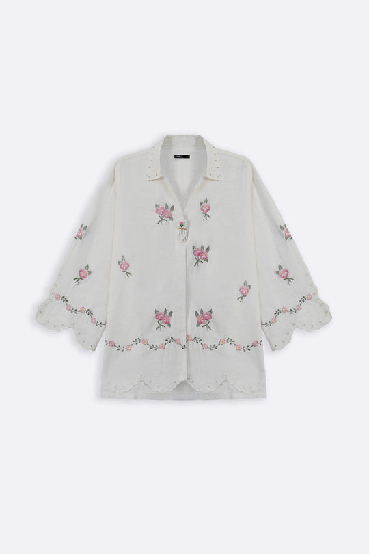 WHITE PEONY SHIRT WITH HANDMADE BROOCH